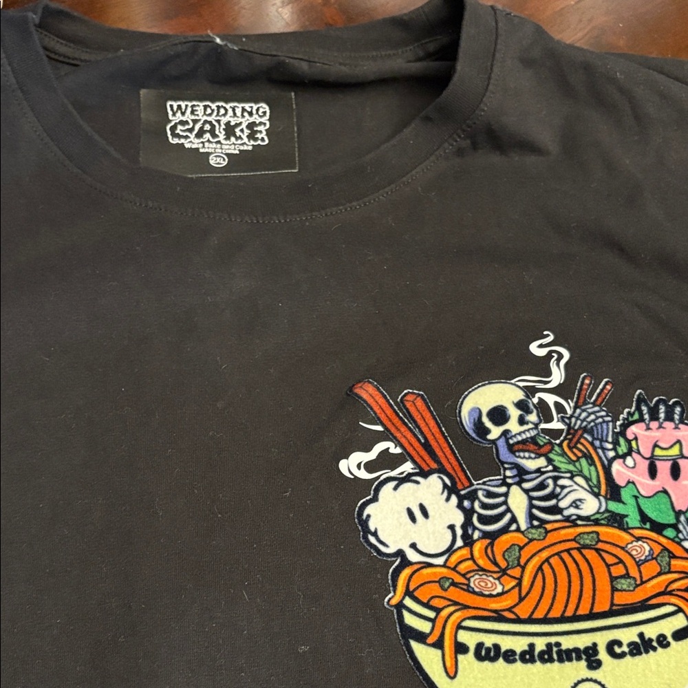 Wedding Cake Black Graphic Tee with Colorful Ramen Skull Art